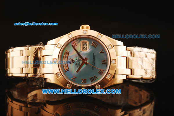 Rolex Day-Date Automatic Rose Gold Case with Diamond and Blue MOP Dial-Rose Gold Strap - Click Image to Close